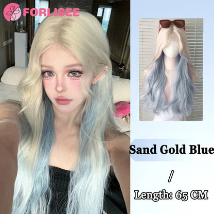 Pink Blonde Highlights Long Wavy Wig Synthetic Colorful Lolita Cosplay Hair Wigs with Bangs for Women Heat Resistant Daily Use