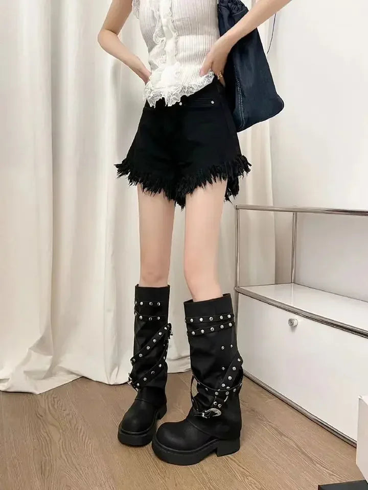Bottes de cowgirl occidentales pour femmes, bottes hautes au genou, bottes longues en cuir PU, bottes de pantalon cloutées noires, style punk, mode automne