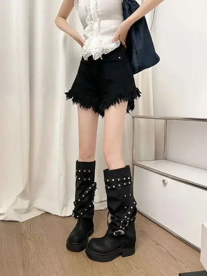 Bottes de cowgirl occidentales pour femmes, bottes hautes au genou, bottes longues en cuir PU, bottes de pantalon cloutées noires, style punk, mode automne
