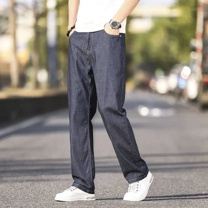 Summer Thin Men's Elastic Cotton Jeans Fashion Blue Comfortable Business Straight Casual Pants Brand Male Clothes Trousers jeans