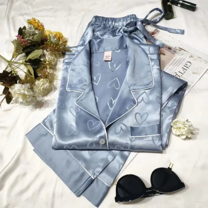 Ensemble de pyjama en satin pour femme - Haut à manches longues et pantalon, couleur unie, imprimé cœur, cardigan, vêtements de nuit pour fille