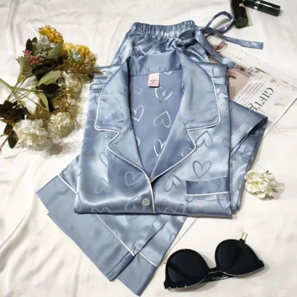 Ensemble de pyjama en satin pour femme - Haut à manches longues et pantalon, couleur unie, imprimé cœur, cardigan, vêtements de nuit pour fille