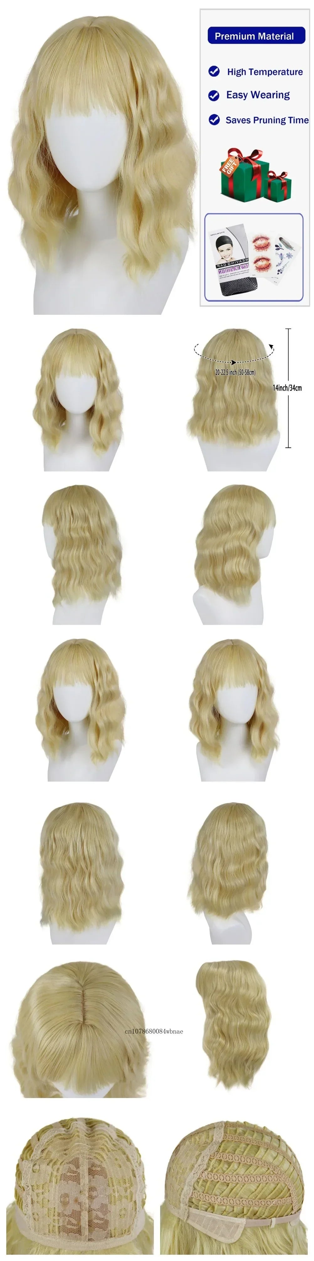 Synthetic Hair Blonde Short Curly Bob Wigs with Bangs Yellow Lolita Cosplay Wig for Women Daily Party Cosplay Heat Resistant