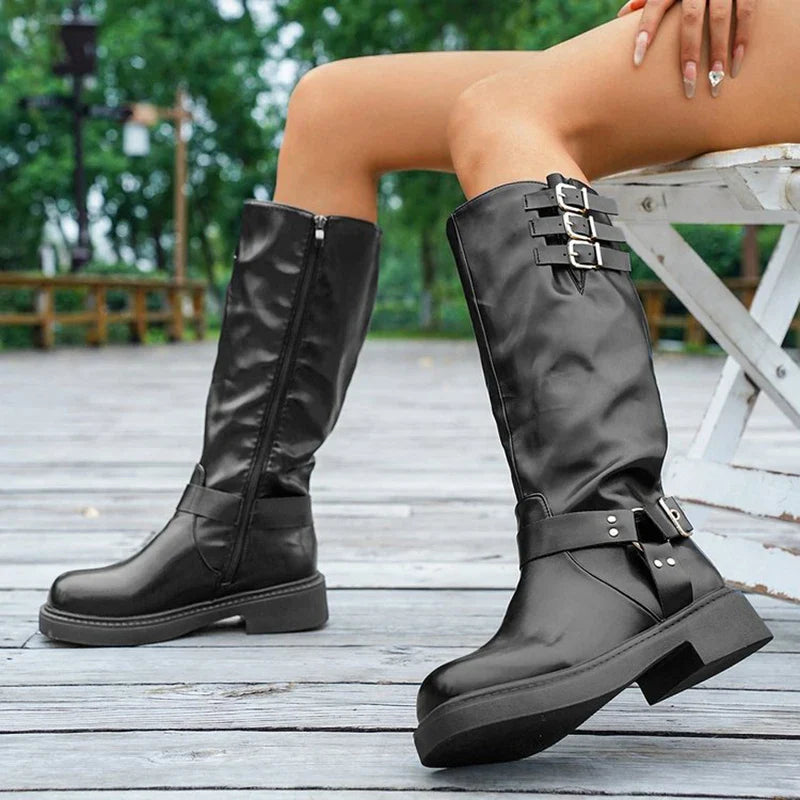Bottes de cowboy rétro marron pour femmes 2025 Automne Hiver Cuir PU Bottes hautes Botas Mujer Fermeture éclair Boucle Plateforme Bottes de chevalier