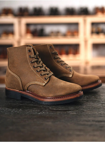 Bottes de Moto rétro en cuir de vache, montantes, durables, soudées Goodyear, chaussures de marche résistantes à l'usure pour hommes