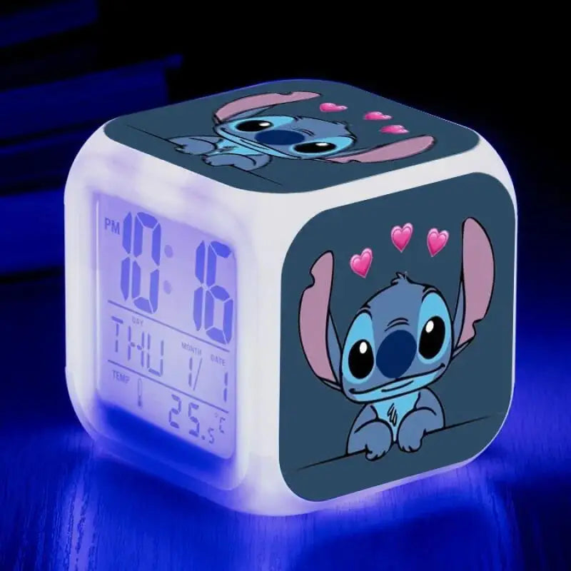 Cute Stitch Alarm Clock with Square Shape Design and Night Light Digital Display Cute Cartoon Gift for Kids Boys Girls Room Use