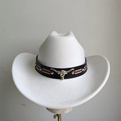 Ethnic Style Cowboy Hat Fashion Chic Unisex Solid Color Jazz Hat With Bull Shaped Decor Western Cowboy Hats