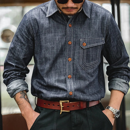 Maden Homme Chemise en Jean Vintage à Manches Longues Western Cowboy Vêtement d'Extérieur Chemise Homme Coton Décontractée XXL XXXL
