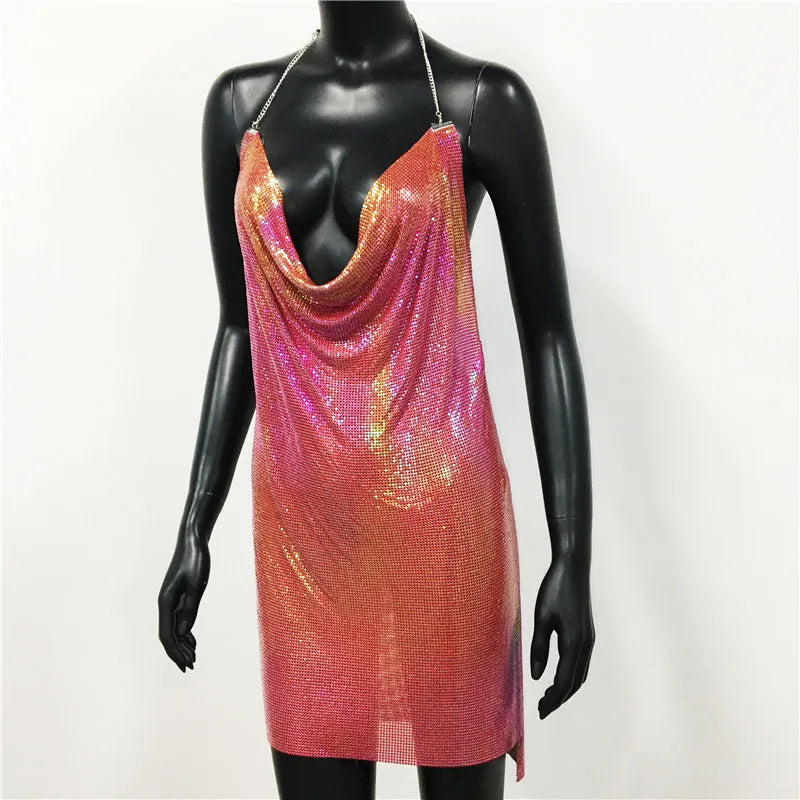 Sparkly Metal Sequins Women Mini Dress Sexy Deep V Neck Backless Halter Neck Side Split Dress Rave Party Club Evening Dresses