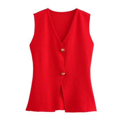 Zevity New Women Fashion V Neck Sleeveless Golden Buttons Knitted Vest Sweater Female Chic Solid Color Slim Cardigan Tops LS6273