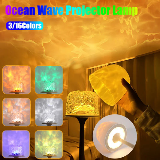 Ocean Wave Projector Lamp 3/16 Colors Water Ripple Lamp Rechargeable Table Light Atmosphere Desk Night Light Home Decoration