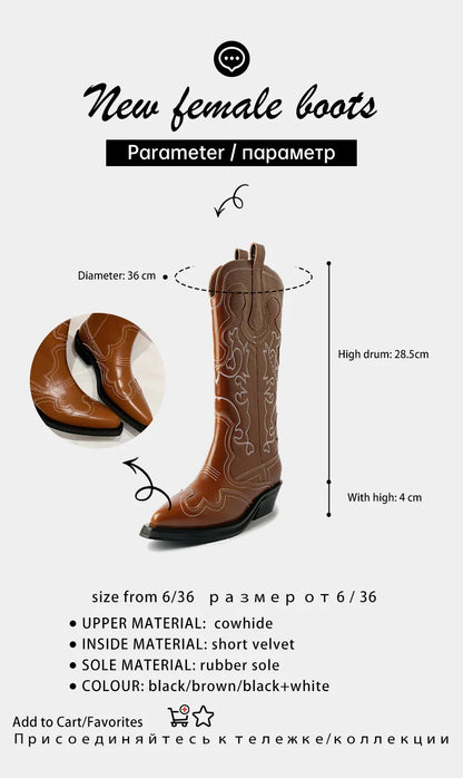 Ods Cowboy Western Boots For Women Real Leather Embroidered Pointed Toe Mid-calf Western Boot Retro Fashion Casual High Quality