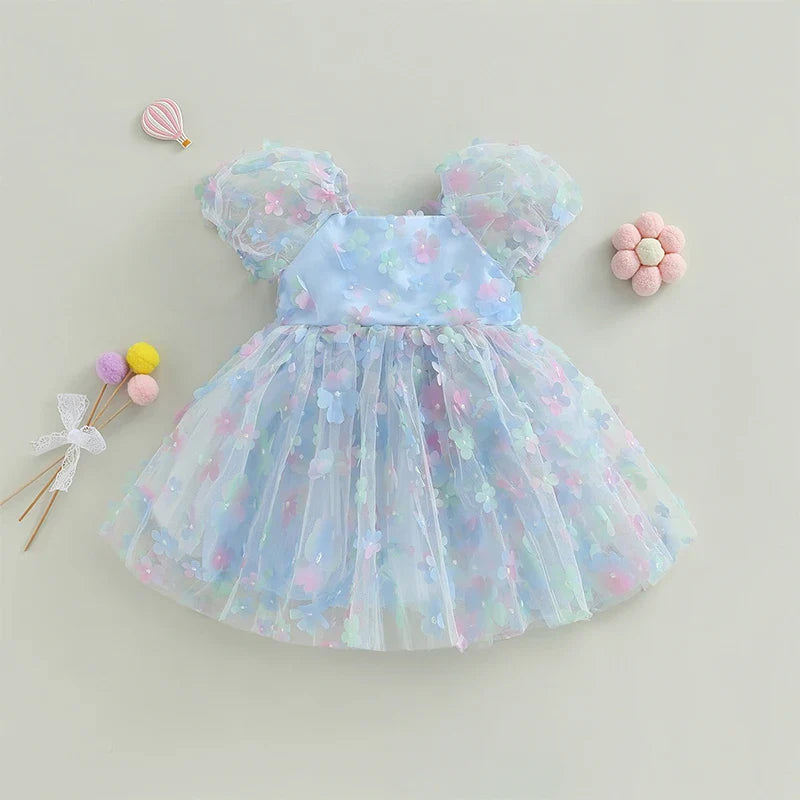 Robe en Tulle à manches bouffantes pour petites filles, tenue de fête d'anniversaire en maille fleur/papillon 3D, vêtements décontractés pour petites filles, robes de princesse