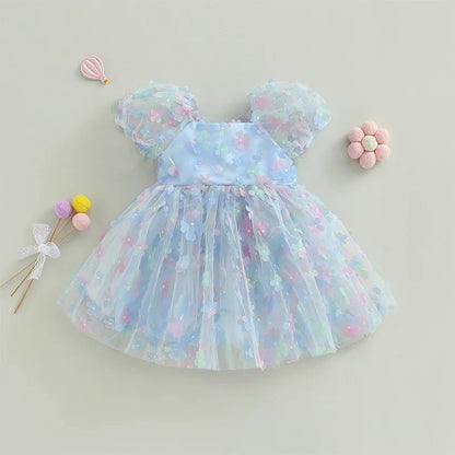 Robe en Tulle à manches bouffantes pour petites filles, tenue de fête d'anniversaire en maille fleur/papillon 3D, vêtements décontractés pour petites filles, robes de princesse