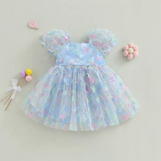 Robe en Tulle à manches bouffantes pour petites filles, tenue de fête d'anniversaire en maille fleur/papillon 3D, vêtements décontractés pour petites filles, robes de princesse
