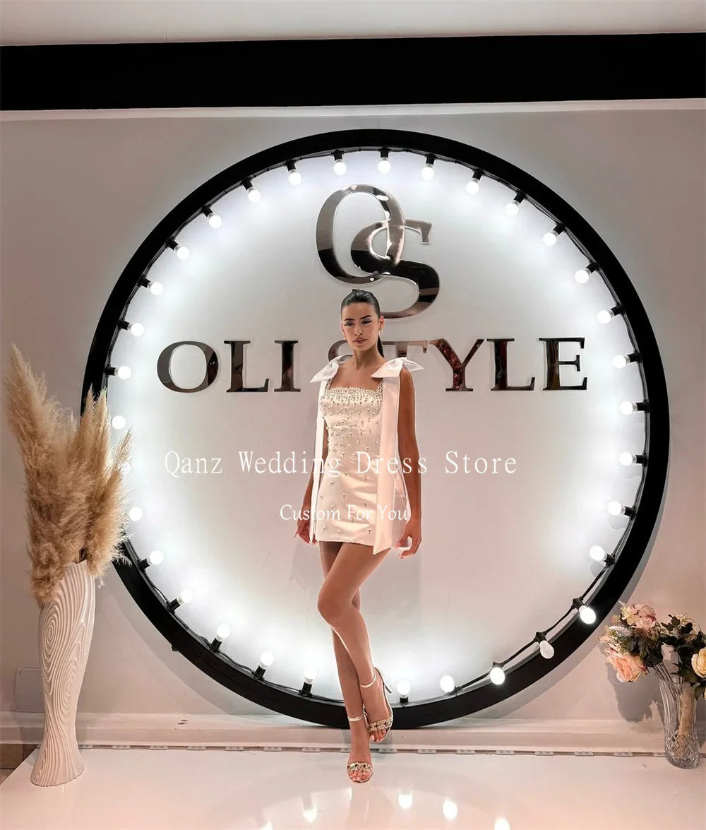 Qanz Luxury Crystal Dresses 2024 Women Short Prom Dress Bow Straps Pink Lace Up Back Robes De Cocktail Party Gowns Customized