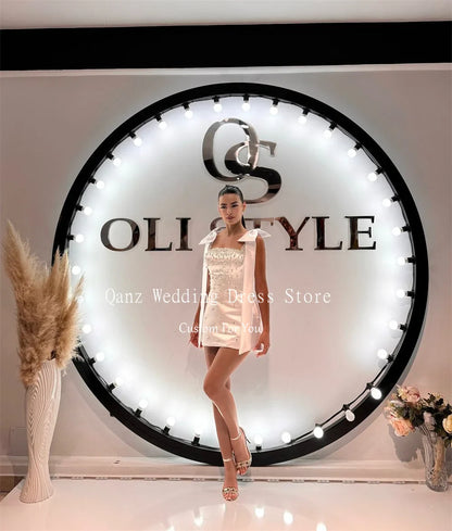 Qanz Luxury Crystal Dresses 2024 Women Short Prom Dress Bow Straps Pink Lace Up Back Robes De Cocktail Party Gowns Customized