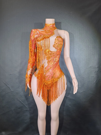 Body élastique à paillettes dorées et argentées avec pompons pour danse latine, tenue de scène, discothèque, DJ, chanteur, Q025Body élastique à paillettes dorées et argentées avec pompons pour danse latine, tenue de scène, discothèque, DJ, chanteur, Q025