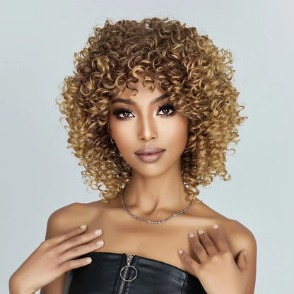 Brown Blonde Curly Hair Synthetic Wigs for Women Short Short Kinky Curly Hair Afro Wigs Glueless Cosplay Hair