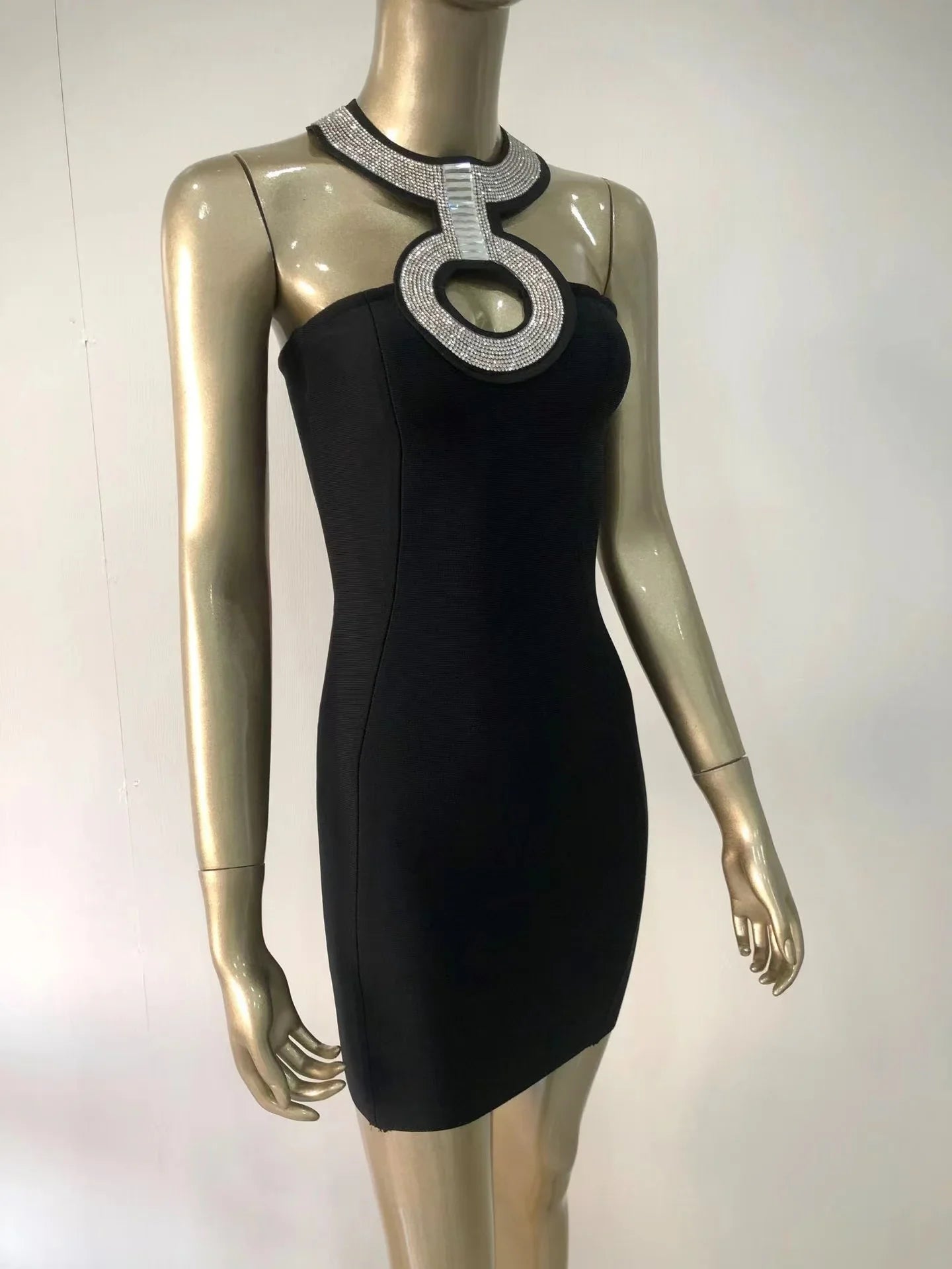 2022 New Bandage Dress Fashion Sexy Halter Neck Diamond Collar Short Skirt Banquet Party Little Black Dress-A1252