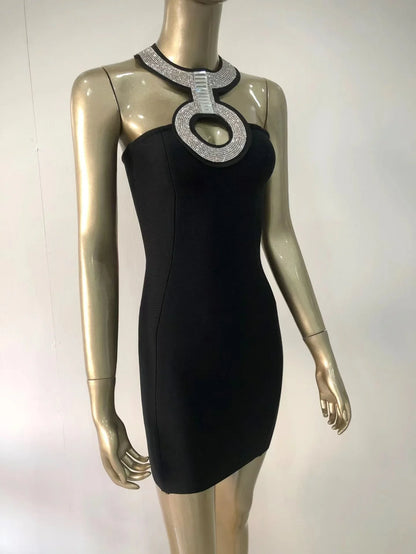 2022 New Bandage Dress Fashion Sexy Halter Neck Diamond Collar Short Skirt Banquet Party Little Black Dress-A1252