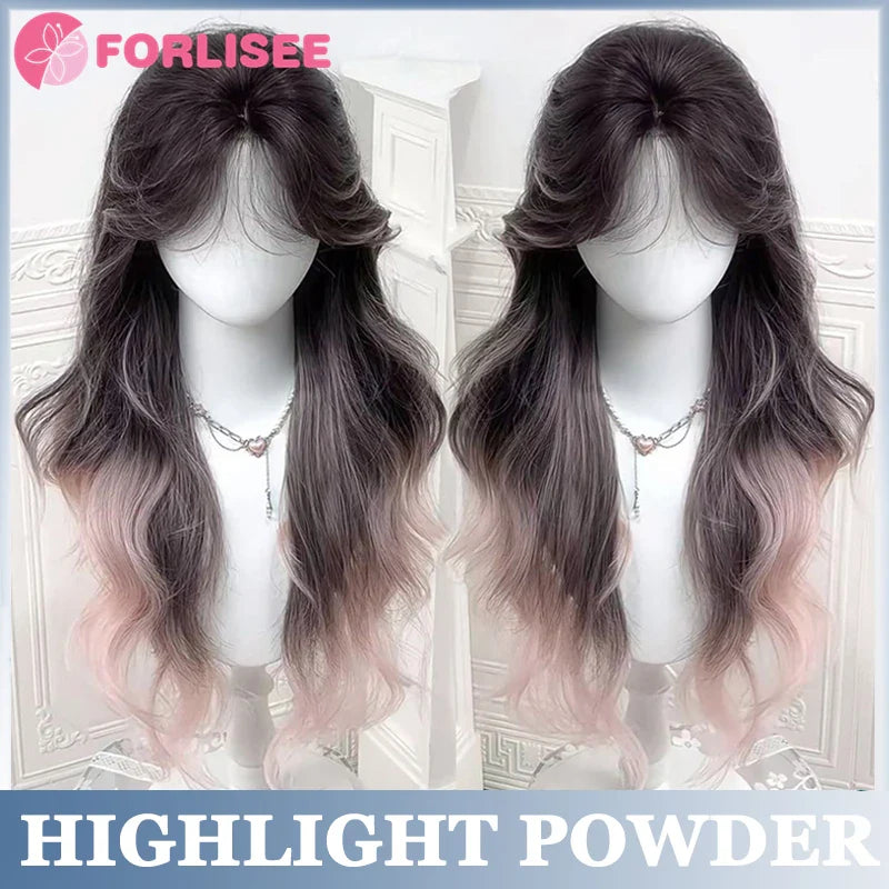 Pink Blonde Highlights Long Wavy Wig Synthetic Colorful Lolita Cosplay Hair Wigs with Bangs for Women Heat Resistant Daily Use