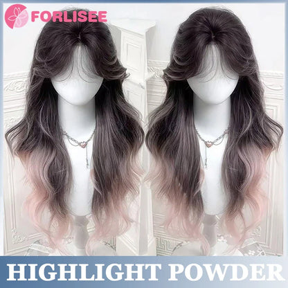 Pink Blonde Highlights Long Wavy Wig Synthetic Colorful Lolita Cosplay Hair Wigs with Bangs for Women Heat Resistant Daily Use