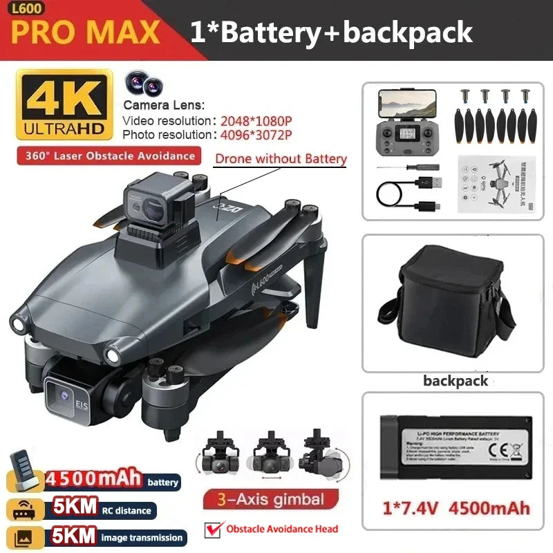 Drone GPS L600 PRO MAX/PRO, caméra HD professionnelle 4K, cardan 3 axes 5G FPV, sans balais, en option, pour éviter les obstacles, quadrirotor