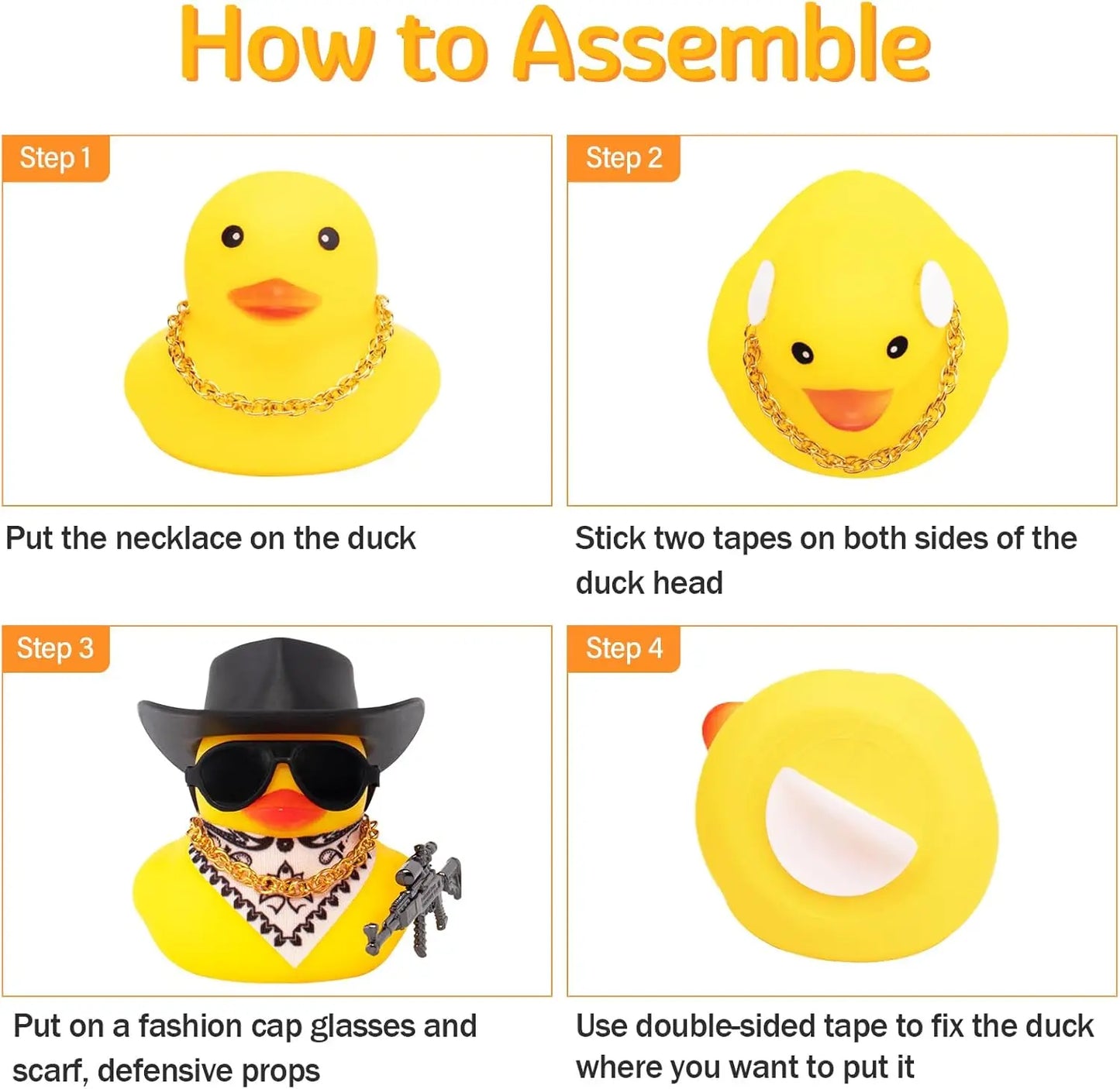 Car Rubber Duck Ornament Cool Car Accessories Duck Car Dashboard Decoration Cowboy Hat Duck with Weapon Necklace, AK47 M416