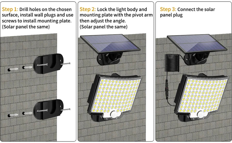 Lumières d'inondation solaires extérieures 106/318 LED lumières de mouvement solaires lumières de sécurité solaires à distance appliques murales étanche 3 Modes jardin