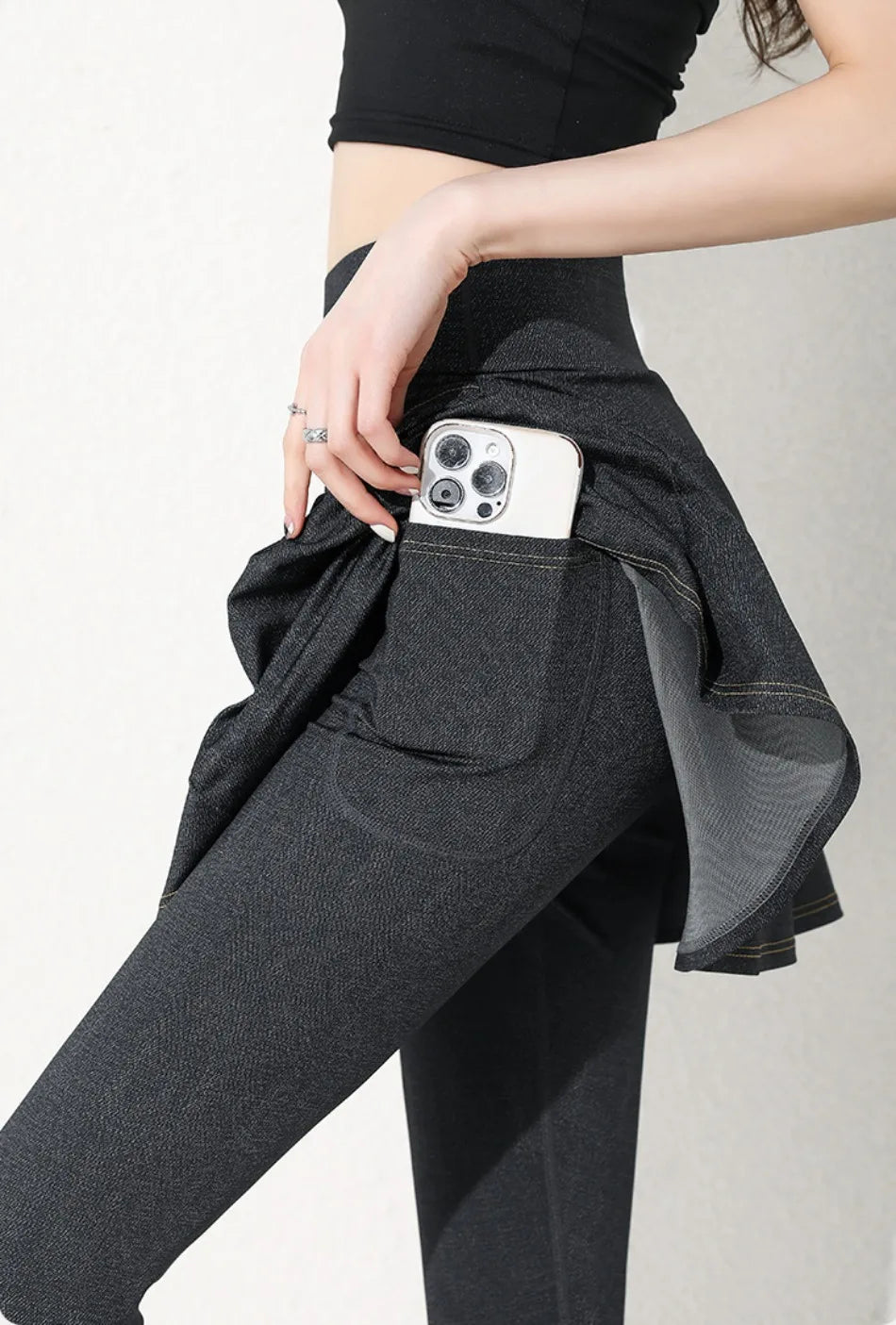 Women Cowboy Yoga Shark Skirts Pants Fake Two Piece Set Phone Pocket Sport Gym Running Leggings Tennis Outdoor Cycling Pants