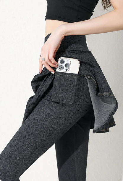 Women Cowboy Yoga Shark Skirts Pants Fake Two Piece Set Phone Pocket Sport Gym Running Leggings Tennis Outdoor Cycling Pants
