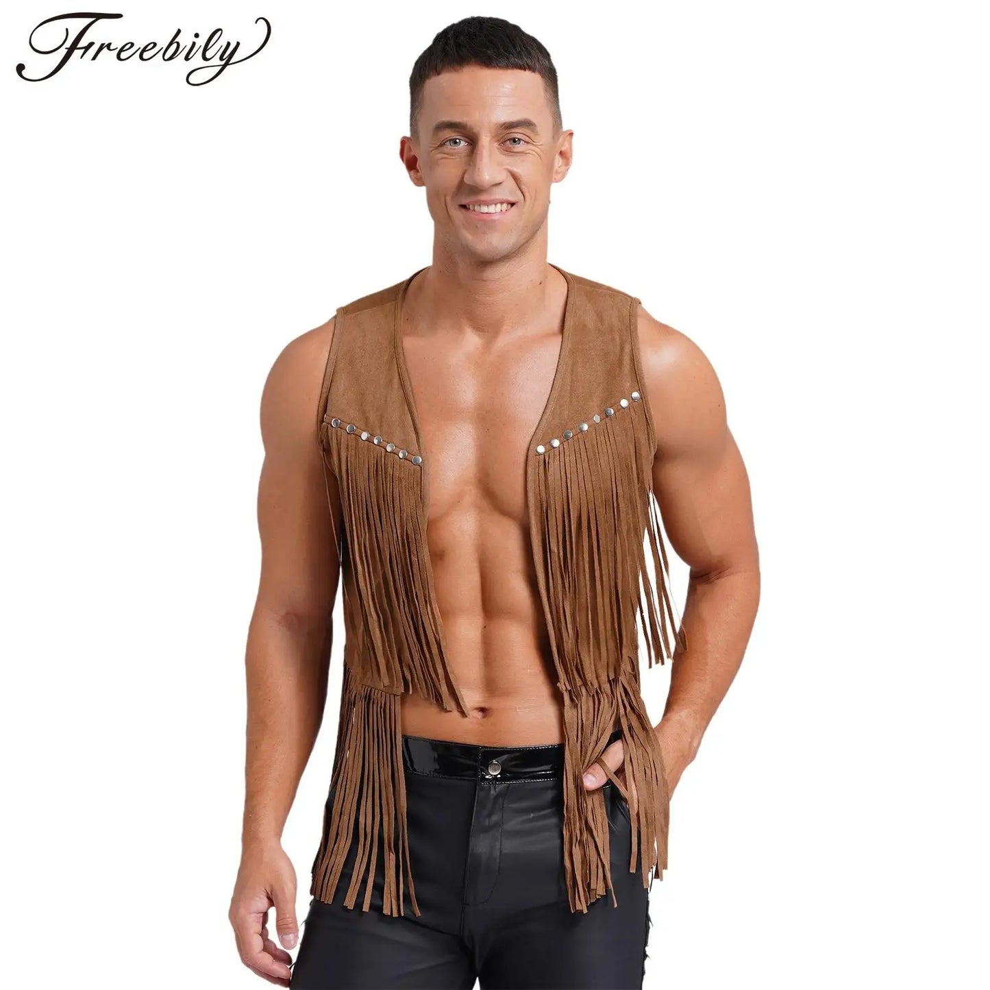 Gilet de cow-boy Western Halloween pour homme, en similicuir suédé, à pampilles et rivets, pour le motocyclisme, les raves, les fêtes et les boîtes de nuit