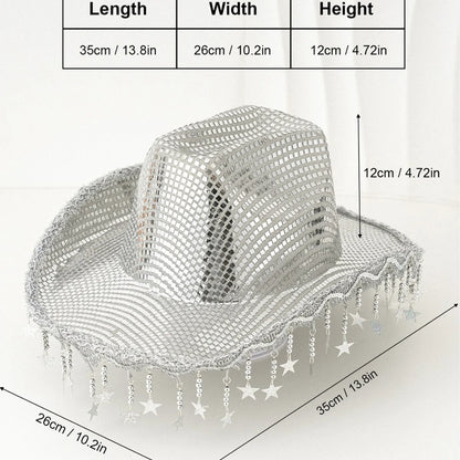 Creative Sequin Cowboy Hat for Women, Shiny Cowgirl Hat, Wide Brim Hat, Western Glitter Star, Tassel, Theme Party Cap, 2025