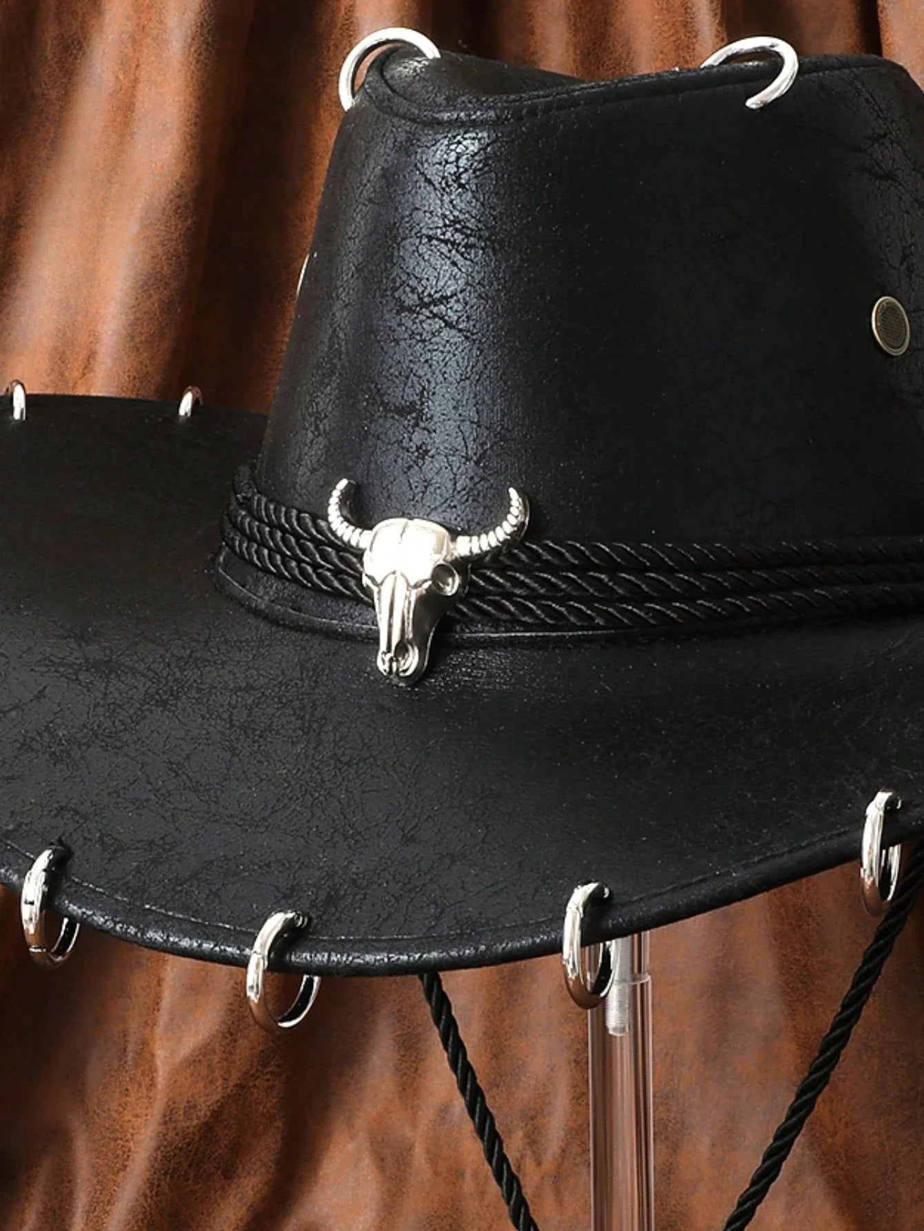 HongLuan – Chapeau de cowboy unisexe en cuir PU noir réglable, style occidental, idéal pour les voyages, avec badge tête de taureau, pour l'extérieur