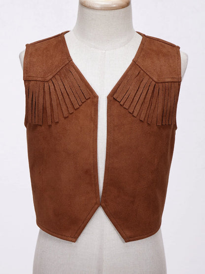 Boys Girls Western Cowboy Cosplay Costume Suede Fringe Vest with Bandanna Scarf Hat Halloween Carnival Party Cowgirl Dress Up