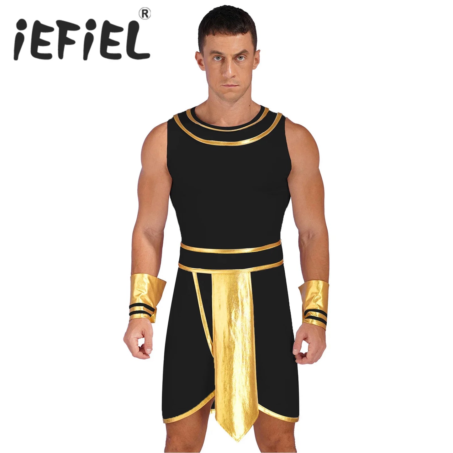 Mens Ancient Egypt Costume Adults Halloween Masquerade Cosplay Carnival Party Dress Sleeveless Themed Roleplay Dress with Cuffs