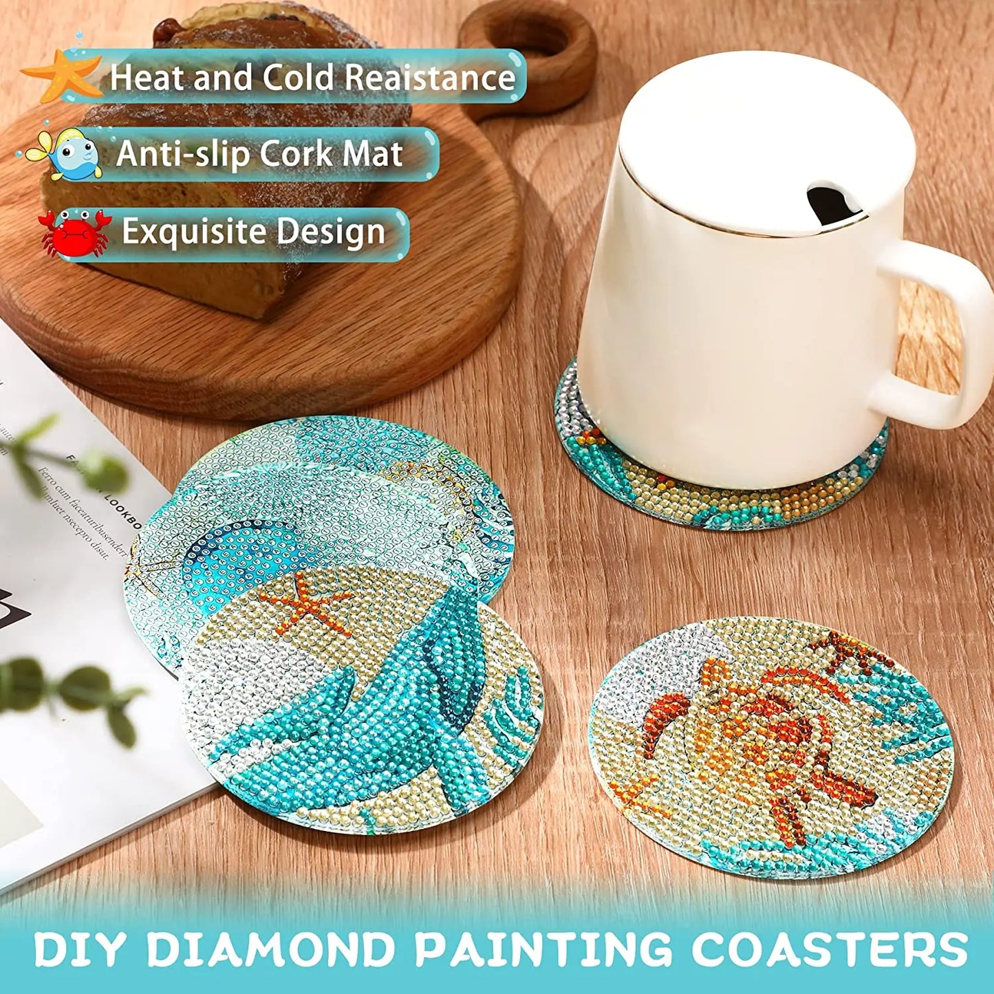 6Pcs DIY Diamond Painting Coasters Mandala Flowers 5D Full Drill Diamond Art Non Slip Coasters with Holder Ideal Christmas Gift