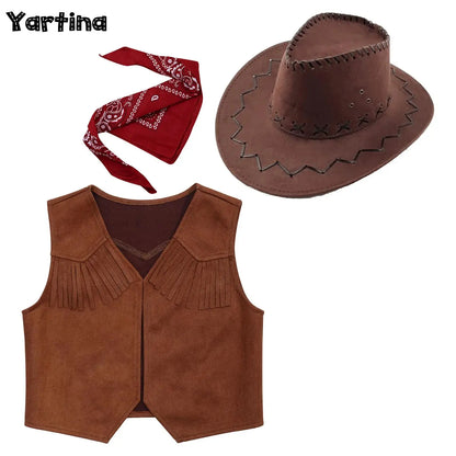 Gilet de Cowboy Western Wild West pour Garçons, Costume de Cosplay Hippie, Décor Frangé sur l'Ourlet, Gilet Ouvert sur le Devant avec Bandana et Chapeau en Feutre à Cordon de Serrage