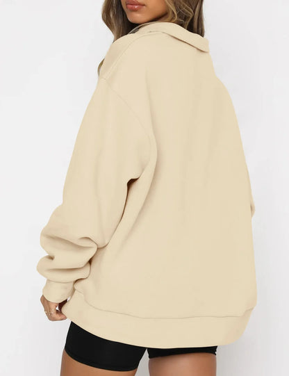 Women Sweatshirts Turn Down Collar Zipper Pullovers Long Sleeve Spliced Thick Warm Sweatshirt Outwear Autumn Winter 2024