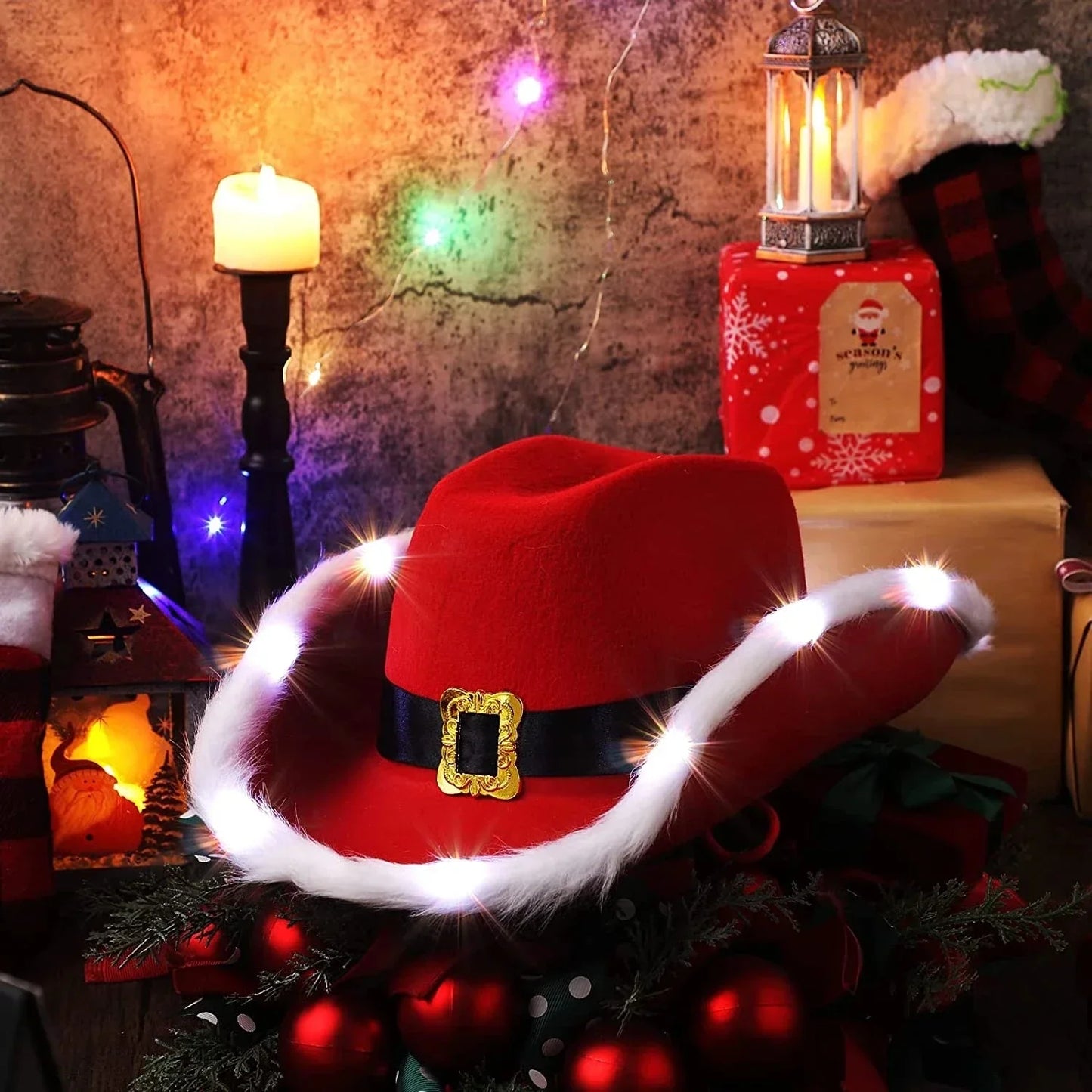 Chapeau de cowboy lumineux de Noël pour fête du Père Noël, chapeaux en feutre rouge occidental, chapeau de cowgirl à large bord, chapeau de jazz pour femmes et hommes