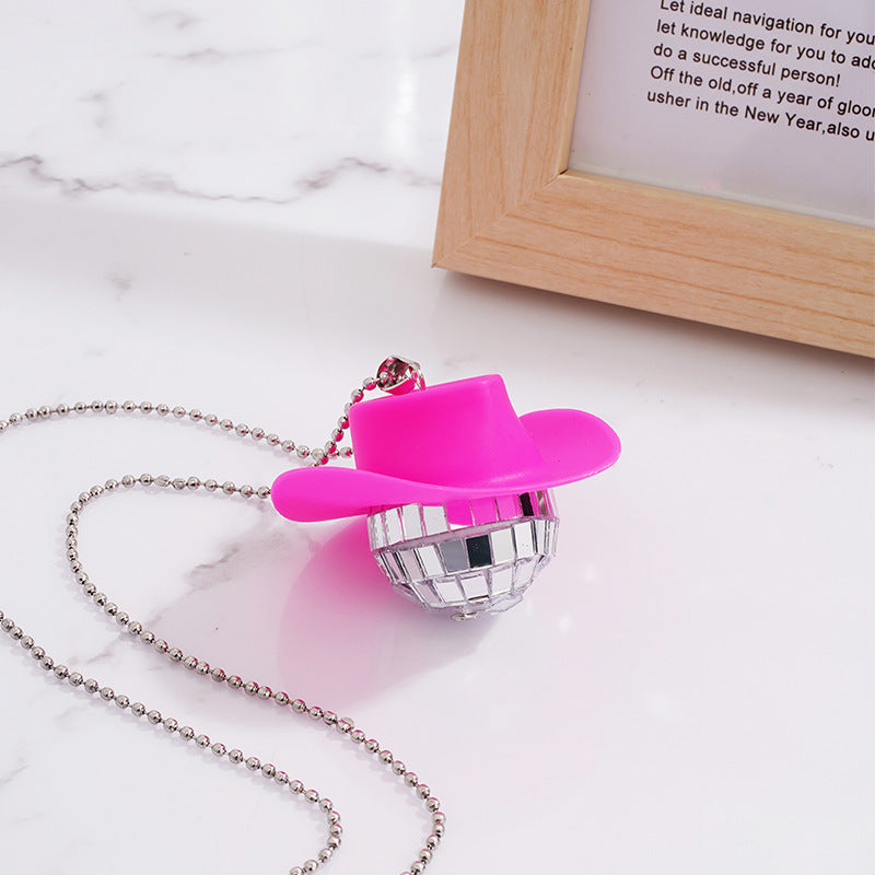 1Pcs Pink Cowgirl Cowboy Hat Disco Ball Neckalace 80s Silver Mirror Balls Pendant for Wedding Birthday Party Favors Decoration
