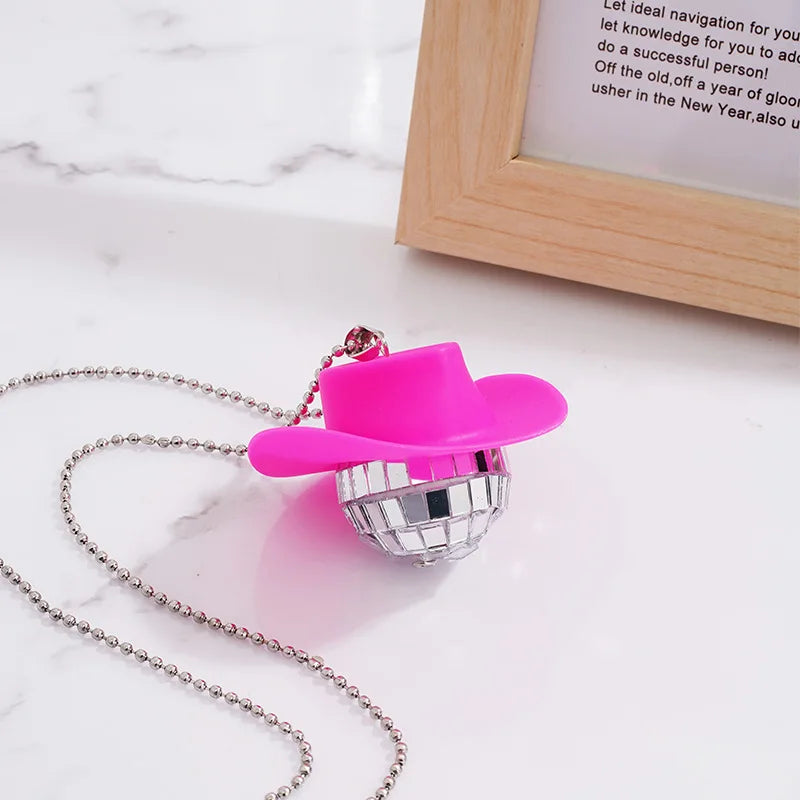 1Pcs Pink Cowgirl Cowboy Hat Disco Ball Neckalace 80s Silver Mirror Balls Pendant for Wedding Birthday Party Favors Decoration