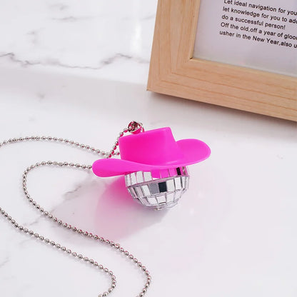 1Pcs Pink Cowgirl Cowboy Hat Disco Ball Neckalace 80s Silver Mirror Balls Pendant for Wedding Birthday Party Favors Decoration