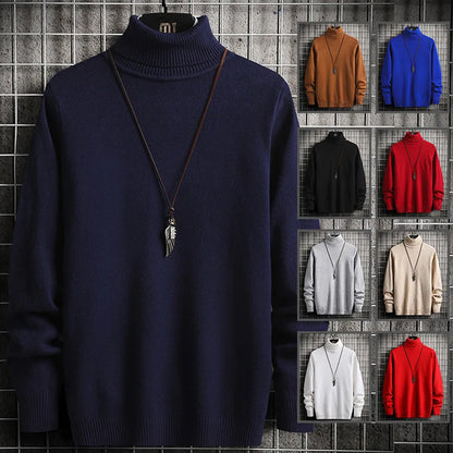 Pulls Hommes Chandails Tricotés Col Roulé Couleur Unie Épaisse Décontractée Manches Longues Haut Tricoté Épissé Pull Coupe Slim Automne Hiver