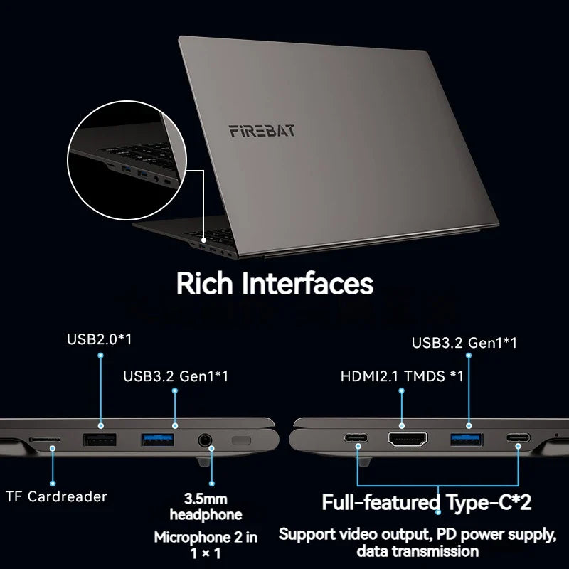 FIREBAT U6B 16 Inch Ryzen7 8745HS AMD Radeon 780M 16GB 512GB DDR5 120Hz 2.5K Wifi6 BT5.1 Gaming Gamer Bussiness Laptop