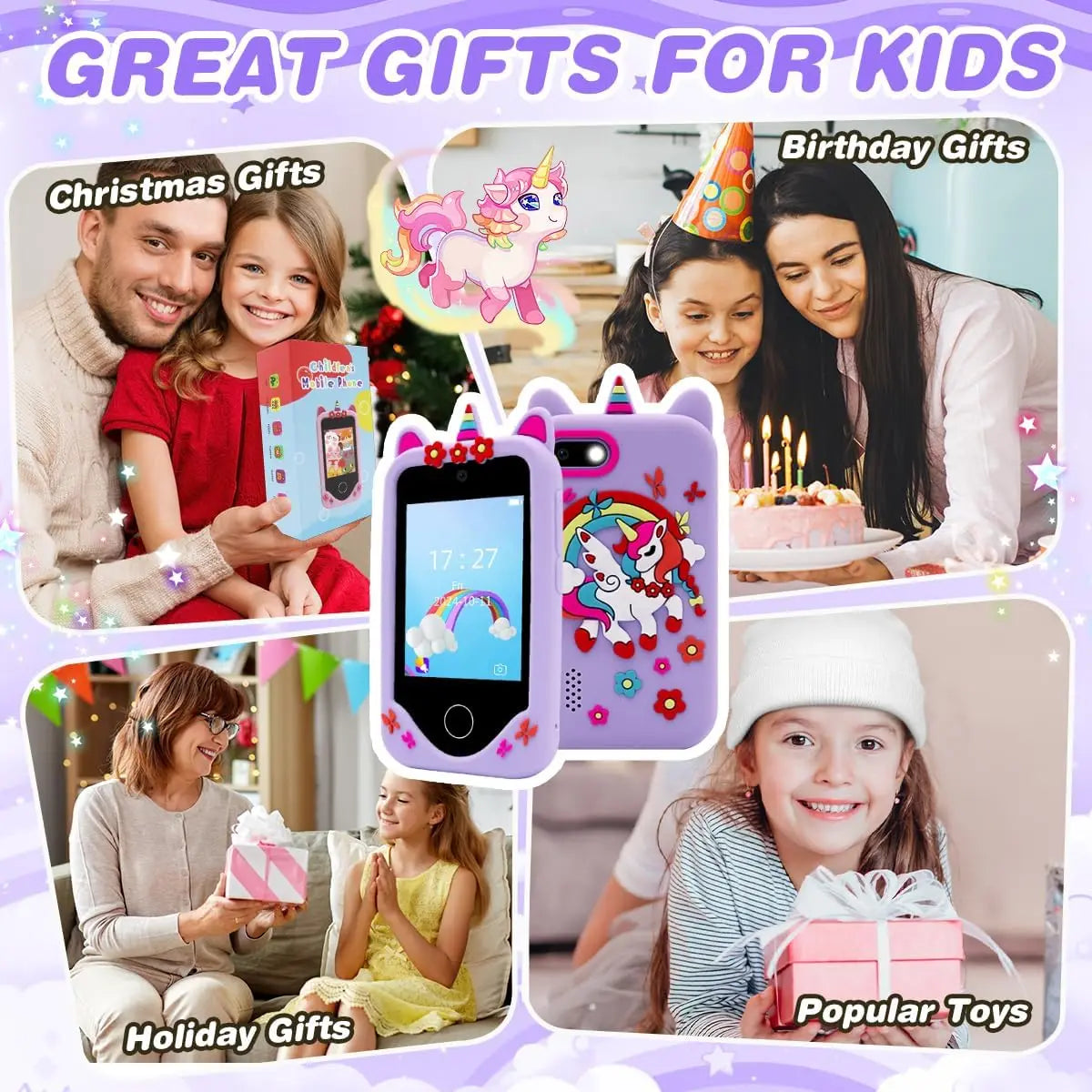 Téléphone intelligent pour enfants Filles Garçons Jouets Téléphone portable Double appareil photo Lecteur de musique 17 jeux Téléphone d'apprentissage pour tout-petits Cadeaux d'anniversaire