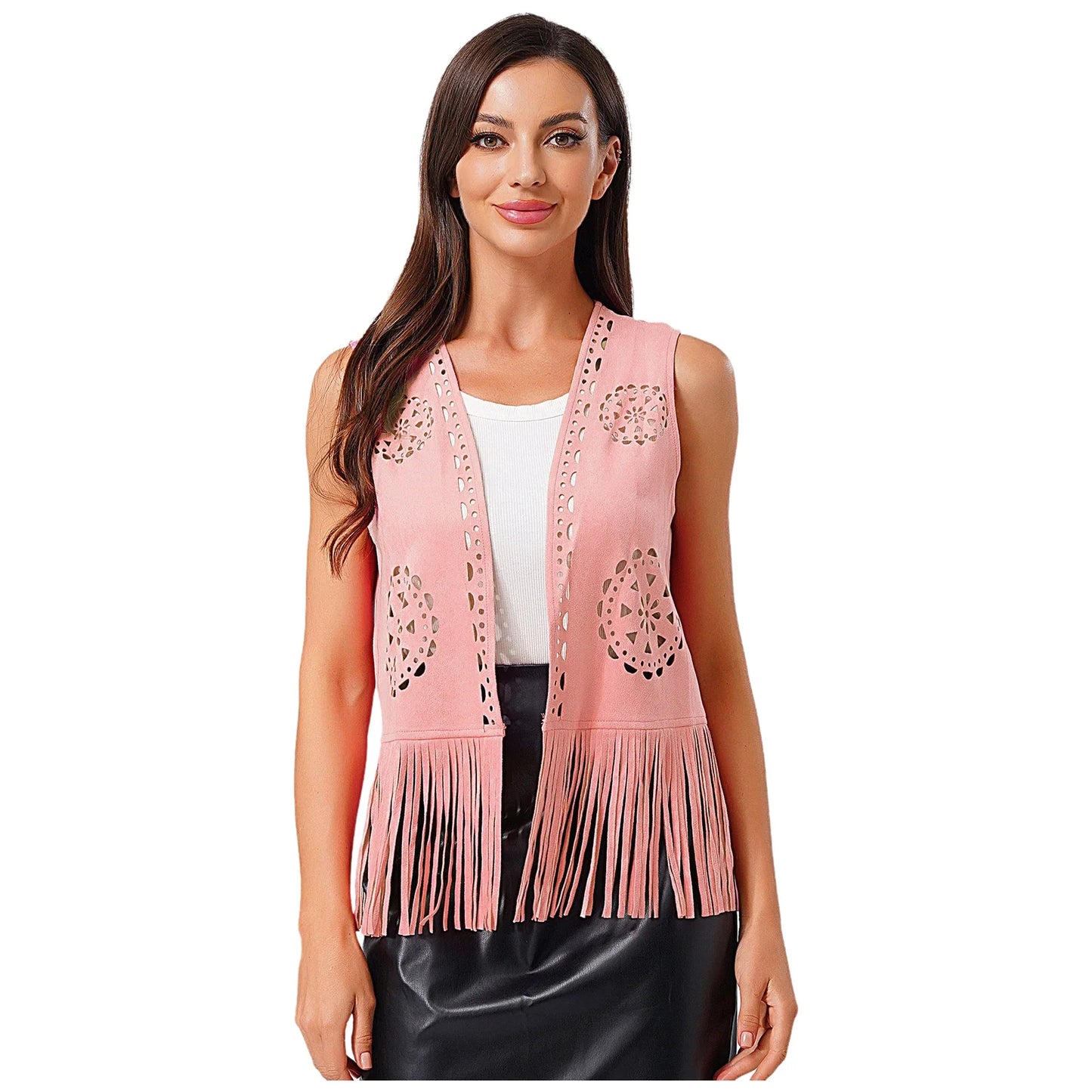 Costume de Cosplay Hippie pour femmes, Cowgirl occidentale, Vintage, débardeur à franges ajourées, gilet à franges, gilet Disco des années 70 en Faux daim