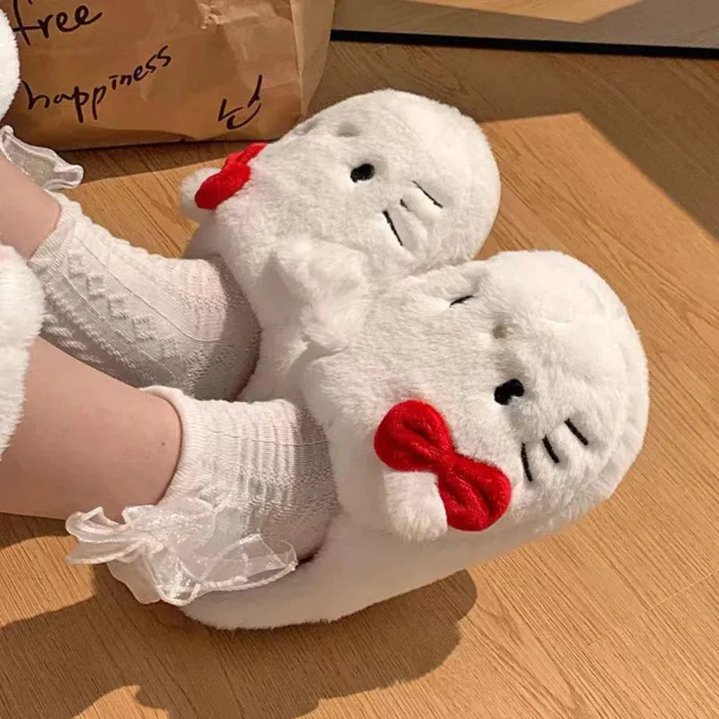Sanrio Hello Kitty Plush Slippers Kawaii Keep Warm Anti-slip Autumn Female Winter Bedroom Student Child Cute Plush Slippers