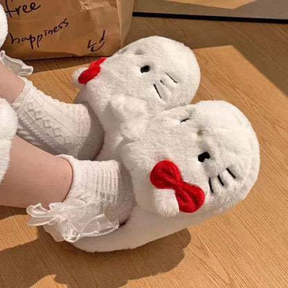 Sanrio Hello Kitty Plush Slippers Kawaii Keep Warm Anti-slip Autumn Female Winter Bedroom Student Child Cute Plush Slippers